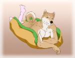 anthro butt clothing dog_bed footwear knee_highs knee_socks legwear looking_at_viewer lying male muscular muscular_anthro muscular_male on_front pet_bed raised_tail simple_background smile socks solo tail 9x9 canid canine canis domestic_dog mammal shiba_inu spitz