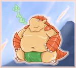 anthro asian_clothing belly blush clothing east_asian_clothing fundoshi japanese_clothing kemono male navel overweight overweight_anthro overweight_male solo text underwear snow_utamaru bandai_namco klonoa_(series) pango_(klonoa) mammal pangolin 2012 japanese_text