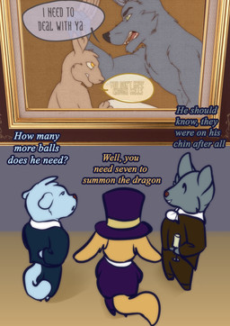 anthro clothed clothing dialogue fur male open_mouth rope text lirkov canid canine canis hare lagomorph leporid mammal wolf 2019 comic digital_media_(artwork) english_text hi_res