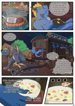 anthro barely_visible_genitalia barely_visible_penis black_claws black_nose blonde_hair blue_body blue_penis blue_scales carriage chest_markings claws collar cooking cutlery dialogue duo eyes_closed femboy flaccid food genitals hair horn kitchen_utensils lying male markings meat mohawk mounts night nipples nude outside paws penis penis_base plant reading relaxing resting scales solo soup speech_bubble spoon standing tail text tools tree vehicle wagon samaraka rawa lizard reptile scalie 2022 colored comic digital_media_(artwork) english_text hi_res