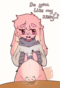 anthro big_ears blush blush_lines bodily_fluids bottomless choker clothed clothing clothing_lift drawing_on_body eyewear female floppy_ears fluffy fluffy_tail fur genital_fluids genitals glasses heart_symbol hoodie jewelry lop_ears markings necklace pink_body pink_fur pink_nose presenting rabbit_ears rectangular_glasses simple_background solo standing tail text topwear vaginal_fluids vulva wearing_glasses bunnelbake pussy-cat_(meme) ellie_(bunnelbake) lagomorph leporid mammal rabbit 2026 artist_name english_text meme watermark
