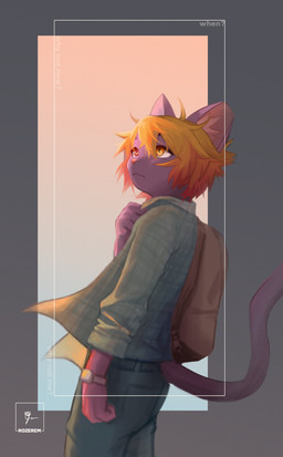 anthro backpack clock clothed clothing fully_clothed fur hair heterochromia inner_ear_fluff male purple_body purple_fur simple_background solo tail tuft watch wristwatch strayrozerem roze_(strayrozerem) domestic_cat felid feline felis mammal absurd_res detailed hi_res signature