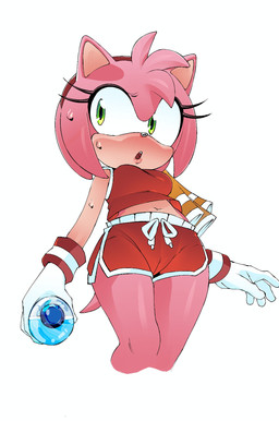 anthro biped bodily_fluids bottle bottomwear camel_toe clothed clothing container female female_anthro front_view fully_clothed hair hotpants pink_body pink_hair shorts simple_background solo standing sweat towel water_bottle white_background calabreso sega sonic_the_hedgehog_(series) amy_rose eulipotyphlan hedgehog mammal hi_res