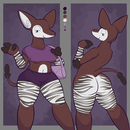 abstract_background bottomwear breasts clothing countershade_face countershade_torso countershading crop_top eyebrows eyelashes female hotpants looking_at_viewer markings shirt shorts solo striped_body striped_markings stripes thick_thighs topwear under_boob wide_hips zzx malory_maven_(zzx) giraffid mammal okapi 1:1 2022 digital_media_(artwork) model_sheet