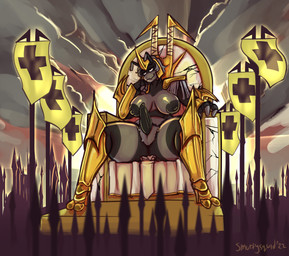animal_genitalia anthro areola armor army big_areola big_breasts breasts chair clothing convincing_weapon footwear furniture gauntlet_blades gauntlets genital_slit genitals gloves gold_(metal) gold_armor greaves grey_body gynomorph hair hand_on_chin handle_wrap handwear high_heels ineffective_clothing intersex melee_weapon on_chair penis polearm sabatons shoes shoulder_pads sitting sitting_on_chair sitting_on_throne smile smirk solo spear standard sword symbol tapering_penis throne unconvincing_armor wavy_hair weapon smuttysquid stella_(lancypants) arthropod bee hymenopteran insect hi_res