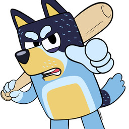 angry anthro baseball_bat bat_(object) black_body black_fur blue_body blue_fur fur gesture hand_gesture male multicolored_body multicolored_fur on_model pointing pointing_at_viewer simple_background solo stubble voice_actor_joke yellow_body yellow_fur avi_murasakino bluey_(series) bandit_heeler australian_cattle_dog canid canine canis cattledog domestic_dog herding_dog mammal pastoral_dog 1:1 hi_res reaction_image signature