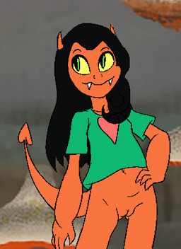 bottomless bottomless_female bottomless_humanoid clothed clothing fangs female genitals horn pixelated screencap screencap_background shirt shirt_only solo style_emulation t-shirt t-shirt_only tail teeth topwear topwear_only vulva young young_female young_humanoid tabloi arzette:_the_jewel_of_faramore zazie demon humanoid hi_res
