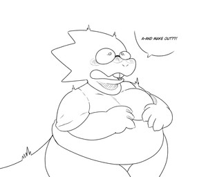4_fingers anthro blush breasts buckteeth clothed clothing eyelashes eyewear female fingers flustered glasses interrobang open_mouth overweight overweight_anthro overweight_female simple_background solo surprised teeth text white_background heavenlylightkj undertale undertale_(series) alphys reptile scalie 2024 absurd_res black_and_white english_text hi_res monochrome