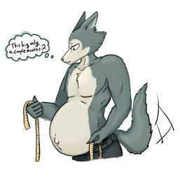 anthro blush clothed clothing male male_anthro measuring measuring_belly navel outie_navel pregnant pregnant_male simple_background solo tail tail_motion tailwag tape_measure text thought_bubble topless topless_anthro topless_male white_background thesmollestboi beastars legoshi_(beastars) canid canine canis mammal wolf english_text hi_res