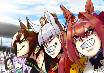 accessory bow_ribbon brown_eyes brown_hair clock closed_smile cloud crowd crown epaulet eye_through_hair eyebrow_through_hair eyebrows eyes_closed female grey_hair group hair hair_accessory hair_bow hair_ribbon headgear long_hair mouth_closed multicolored_hair open_mouth open_smile parody purple_eyes purple_hair red_eyes ribbons scene_parody sky smile stopwatch teeth tiara translucent translucent_hair trio_focus watch white_hair mewcup cygames getter_robo uma_musume_pretty_derby daiwa_scarlet_(pretty_derby) gold_ship_(pretty_derby) mejiro_mcqueen_(pretty_derby) special_week_(pretty_derby) vodka_(pretty_derby) animal_humanoid equid equid_humanoid equine equine_humanoid horse_humanoid humanoid mammal mammal_humanoid absurd_res hi_res signature