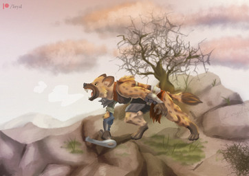 ambiguous_gender angry anthro armor axe detailed_background leaning leaning_forward screaming solo teeth warrior liryal gnoll hyena mammal absurd_res hi_res