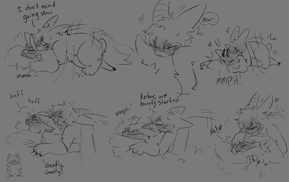 ambiguous_gender ambiguous_penetrated ambiguous_penetration anthro bed bedding blanket blush cheek_tuft chest_tuft claws dialogue duo facial_tuft furniture hooves horn looking_pleasured male mask paws penetration pillow pushing_down sex simple_background smile text tuft sabiksphinx asian_mythology chinese_mythology east_asian_mythology fabulous_beasts fenz_(studio) mythology sibuxiang_the_deer_(fabulous_beasts) tuye_(fabulous_beasts) deer lagomorph mammal moon_rabbit comic english_text hi_res monochrome sketch