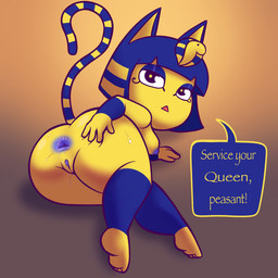 anal_request anthro anus areola armwear blue_anus blue_hair blue_vulva bodily_fluids butt clothing command commanding_viewer dialogue dripping_vulva egyptian egyptian_clothing egyptian_headdress female fur genitals hair inviting inviting_to_sex legwear markings on_ground oral_request requesting rimming_request sex_request simple_background solo spread_butt spreading striped_markings striped_tail stripes sweat sweaty_butt sweaty_genitalia tail tail_markings talking_to_viewer text vulva yellow_body yellow_fur blen_bodega animal_crossing nintendo ankha_(animal_crossing) domestic_cat felid feline felis mammal 1:1 absurd_res english_text hi_res