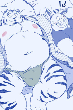anthro asian_clothing balls belly big_belly blush clothing duo east_asian_clothing fundoshi genitals japanese_clothing kemono lying male male/male mask moobs navel nipples overweight overweight_male underwear dain_4201 felid lagomorph leporid mammal pantherine rabbit tiger 2026 2:3 hi_res