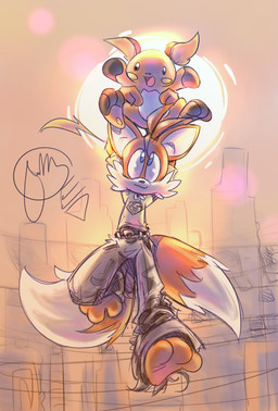 2_tails 3_toes ambiguous_gender anthro barefoot belly blue_eyes bottomwear cheek_spots city cityscape clothed clothed_anthro clothed_male clothing denim denim_bottomwear denim_clothing dipstick_tail duo featureless_hands feet feral fully_clothed fully_clothed_anthro fully_clothed_male fur gloves_(marking) grey_bottomwear grey_clothing grey_jeans grey_pants grey_shirt grey_topwear happy holding_character in_the_air jeans jumping male markings multi_tail on_top open_mouth open_smile orange_body orange_fur orange_tail pants pawpads paws plantigrade shirt size_difference sketchy smile soles sun tail tail_markings toes topwear two_tone_tail urban white_belly white_tail wide_smile yellow_cheeks yellow_pawpads yellow_tail edtropolis nintendo pokemon sega sonic_the_hedgehog_(series) miles_prower canid canine fox generation_1_pokemon mammal pokemon_(species) raichu rodent 2007 crossover digital_media_(artwork) hi_res