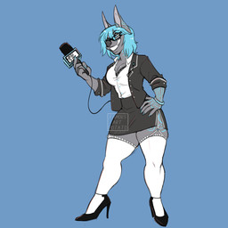 5_fingers anthro blue_background blue_eyebrows blue_hair bottomwear breasts cleavage clothed clothing electronics eyebrows eyewear female fingers footwear fur glasses grey_body grey_fur grey_nose hair high_heels holding_object jacket leggings legwear microphone raised_eyebrow shirt shoes simple_background skirt smile solo standing tattoo teeth topwear wearing_glasses famousartpotato bat mammal 1:1 2022 hi_res