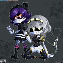 accessory breasts clothed clothing duo female female/female fingers hair hat hazard_stripes headgear headwear looking_at_viewer machine not_furry purple_eyes purple_hair screen_eyes short_hair simple_background smile syringe tail text white_body yellow_eyes jackintaro glitch_productions murder_drones uzi_(murder_drones) v_(murder_drones) android disassembly_drone humanoid robot robot_humanoid tailed_humanoid worker_drone 1:1 absurd_res digital_media_(artwork) hi_res url