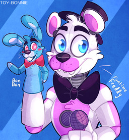 bow_(feature) bow_tie clothing duo hat headgear headwear machine puppet top_hat toy-bonnie five_nights_at_freddy's scottgames sister_location funtime_freddy_(fnafsl) puppet_bonnie_(fnafsl) animatronic bear lagomorph leporid mammal rabbit robot 2019 digital_media_(artwork) hi_res