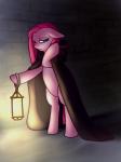 blue_eyes clothed clothing female feral fur hair hood lamp lantern long_hair looking_back open_clothing open_robe pink_body pink_fur pink_hair robe shadow solo standing straight_hair norang94 friendship_is_magic hasbro my_little_pony pinkamena_(mlp) pinkie_pie_(mlp) earth_pony equid equine horse mammal pony 3:4