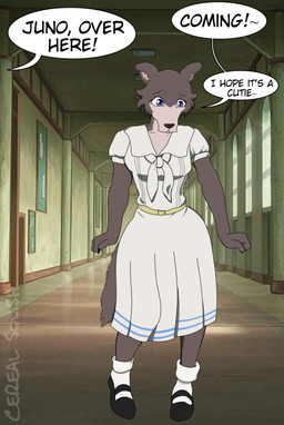 anthro brown_body brown_fur claws clothed clothing dialogue female front_view fur purple_eyes screencap screencap_background solo speech_bubble text tf_into_fictional_character cereal_squish beastars juno_(beastars) canid canine canis mammal wolf 2025 compression_artifacts english_text hi_res