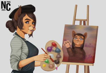 anthro apron blue_eyes breasts brown_hair brush clothing female grey_background hair hat headgear headwear holding_brush holding_object holding_paintbrush looking_up paintbrush painting_(object) self_portrait shirt simple_background smile solo topwear ncproductions stella_(ncproductions) domestic_cat felid feline felis mammal 2024 hi_res