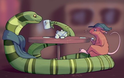 ambiguous_gender bedroom_eyes blue_scarf clothing container cozy cup duo eye_contact feral floor floorboards furniture green_body green_scales hairless_tail hat headgear headwear looking_at_another mug narrowed_eyes number prehensile_tail scales scarf seductive sitting_on_another striped_body striped_scales stripes table tail tea_cup tea_set teapot text thin_tail whiskers wizard_hat wood wood_floor yellow_sclera derfisch cobra elapid_(snake) king_cobra mammal mouse murid murine reptile rodent scalie snake 2023 english_text hi_res signature female_(lore) male_(lore)