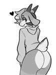 anthro big_butt bottomless butt clothed clothing heart_symbol hoodie hoodie_only long_ears looking_back male presenting presenting_hindquarters smile solo topwear topwear_only spicysaturns yiwol_(character) bovid caprine goat mammal 3:4 hi_res monochrome