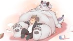 anthro belly big_belly brown_hair duo fluffy fur hair horn male male/male overweight overweight_male pawpads white_body white_fur rorondo4 lifewonders tokyo_afterschool_summoners behemoth_(tas) protagonist_(tas) twink_protagonist_(tas) human mammal monster 16:9 widescreen