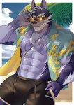 abs aloha_shirt anthro bare_chest beach blue_body blue_eyes blue_fur body_hair bottomwear chest_hair clothing eyewear fur grin male muscular palm_tree pattern_clothing pattern_shirt pattern_topwear pecs plant seaside shirt shorts smile solo sunglasses topwear tree nacl_salt lifewonders tokyo_afterschool_summoners tindalos_(tas) canid canine canis mammal wolf hi_res