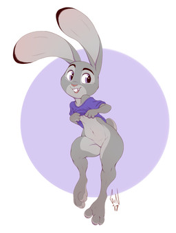 3_toes anthro barefoot bottomless breasts buckteeth claws clothed clothing clothing_lift curling_toes dipstick_ears ear_markings featureless_crotch feet female fur grey_body grey_fur multicolored_ears navel null pink_nose purple_eyes scut_tail shirt shirt_lift short_tail small_breasts smile solo spread_toes t-shirt tail teeth toes topwear gunmouth disney zootopia judy_hopps lagomorph leporid mammal rabbit 2017