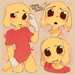 anthro bodily_fluids bottomless bottomless_male clothed clothing fur gloves handwear looking_at_viewer male open_mouth red_clothing red_shirt red_topwear shirt solo sweat tail teeth text topwear white_clothing white_gloves white_handwear worried yellow_body yellow_fur young young_anthro young_male demdem118 glitch_productions the_amazing_digital_circus scratch_(tadc) canid canine canis domestic_dog mammal 2026 english_text hi_res