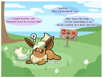 :3 ambiguous_gender birth border brown_body brown_eyes brown_fur dialogue egg eggshell feral fur hatching_from_egg implied_scat offscreen_character outside quadruped question_mark solo speech_bubble sploot text white_border young young_feral fairyfudge nintendo pokemon eevee generation_1_pokemon pokemon_(species) artist_name digital_media_(artwork) hi_res male_(lore)