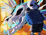 backlighting bone bottomwear clothing detailed_background duo hands_in_both_pockets hoodie light looking_at_viewer male not_furry shorts skeleton skull smile standing topwear doomboy84 undertale undertale_(series) gaster_blaster sans_(undertale) animated_skeleton humanoid undead unknown_species digital_media_(artwork) digital_painting_(artwork) lighting portrait three-quarter_portrait