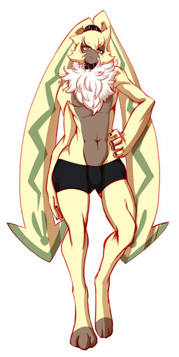 anthro arrogant belt bottomwear bulge clothing collar femboy fluffy fluffy_chest fur hotpants long_ears male navel orange_eyes ponytail_ears shorts slim solo yellow_body yellow_fur kaizer33226 bandai_namco digimon digimon_(species) symbareangoramon absurd_res hi_res