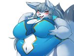 anthro big_ears blue_clothing blue_eyes blue_topwear blush breasts cleavage_cutout clothed clothing cute_fangs cutout eye_markings fangs female fur grey_hair hair hand_on_breast long_hair markings morbidly_obese multi_tail obese overweight overweight_anthro overweight_female red_markings simple_background solo standing tail teeth topwear underwear white_background white_body white_fur yosioka_san fuyusen canid canine mammal 4:3 hi_res