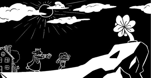 anthro building cliff cloud flower group hair horn house long_ears outside plant running sky sun unknown_artist undertale undertale_(series) flowey_the_flower frisk_(undertale) toriel boss_monster_(undertale) bovid caprine elemental_creature flora_fauna human mammal 2015 digital_media_(artwork) monochrome