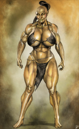 5_fingers 5_toes big_breasts biped black_hair breasts brown_background clothed clothing feet female fingers hair humanoid_pointy_ears muscular muscular_female muscular_humanoid nipple_outline not_furry pointy_ears simple_background skimpy solo standing tan_body tan_skin toes tusks jlazarus humanoid orc hi_res