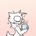 ambiguous_anthro ambiguous_gender anthro beak beverage biped blue_text blush blush_lines coffee coffee_mug container cup eyes_closed feathers hair holding_beverage holding_coffee holding_coffee_mug holding_object just_woke_up monotone_body monotone_feathers mug nude nude_anthro nude_male pink_background pink_blush shocked side_view simple_background solo surprise surprised_expression tail text text_on_mug white_arms white_body white_feathers white_hair white_legs white_mug white_tail yosshidoragon riley_(giidenuts) avian bird 1:1 2022 digital_media_(artwork) english_text male_(lore)