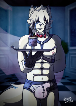 abs anthro areola ball balls_outline big_bulge black_clothing black_gloves black_handwear bow_tie bulge candy chocolate clothed clothing dessert detailed_background detailed_bulge fluffy fluffy_tail food front_view fur genital_outline genitals gloves hair handwear harness humanoid_genitalia ice_cream inside looking_at_viewer male male_anthro muscular muscular_anthro muscular_male muzzle_(object) muzzled nipples offering_food offering_to_viewer pecs penis penis_outline pink_areola pink_nipples red_bow_tie red_eyes solo tail tray underwear white_body white_fur white_hair wynter_faver mihoyo zenless_zone_zero von_lycaon canid canine canis mammal thiren wolf 2026 digital_drawing_(artwork) digital_media_(artwork) hi_res