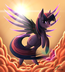cutie_mark day detailed_background eyelashes feathers female feral flying fur hair hooves horn mechanical_wings nude outside purple_body purple_eyes purple_fur purple_hair smile solo sun wings duskie-06 friendship_is_magic hasbro my_little_pony mythology twilight_sparkle_(mlp) equid equine mammal mythological_creature mythological_equine winged_unicorn 2016 hi_res
