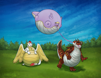 balloon_belly belly belly_expansion belly_inflation belly_on_ground big_belly bloated claws collar ear_frill expansion eyes_closed feathered_wings feathers female feral floating forest frill_(anatomy) gold_(metal) gold_jewelry group hair hand_on_own_belly happy horn huge_belly inflated_belly inflated_tail inflation jewelry leash leash_pull looking_at_another male membrane_(anatomy) membranous_wings obese obese_feral overweight overweight_feral plant round_body spherical_inflation spiked_tail spikes spikes_(anatomy) tail text tree trio wings lunhiss mythology crouton_(savagingdragon) lunhiss_(character) dragon mythological_creature mythological_scalie scalie tarrasque 2026 artist_name colored digital_drawing_(artwork) digital_media_(artwork) hi_res shaded widescreen