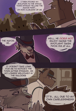 3_panel_comic anthro blood bodily_fluids bow_tie clothed clothing hat headgear headwear male mayor muscular muscular_anthro muscular_male nosebleed orange_eyes solo speech_bubble suit text top_hat king_slabu adrian_(king_slabu) background_character canid canine canis domestic_dog mammal spirit absurd_res comic digital_media_(artwork) english_text hi_res