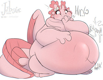after_vore anthro belly big_belly duo overweight pink_body simple_background text vore white_background wings jerberjer amphibian aquatic axolotl mole_salamander salamander 2024
