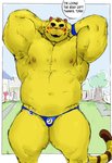 anthro barazoku big_muscles blush border bulge clothing dialogue eyebrows hands_behind_head looking_at_viewer male musclegut muscular muscular_anthro muscular_male navel nipples number one_eye_closed outside simple_background small_bulge solo speedo standing stripes swimwear talking_to_viewer text thick_eyebrows thick_thighs white_border wink yellow_body tora_gy animal_crossing nintendo tybalt_(animal_crossing) felid mammal pantherine tiger 2020 english_text hi_res