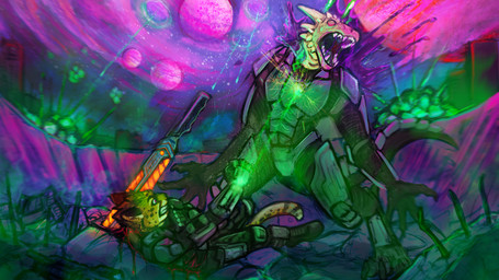 anthro armor blood bodily_fluids clothed clothing death duo explosion facial_spots fangs fur futuristic gore laser lying male melee_weapon on_back open_mouth outside planet red_eyes scales spotted_face sword tan_body tan_scales teeth weapon yellow_body yellow_fur acidic felid mammal scalie 16:9 hi_res widescreen