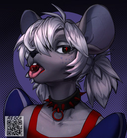 anthro black_eyes clothing collar dotted_background female freckles fur grey_body grey_fur hair hair_over_eye looking_at_viewer pattern_background ponytail pupils purple_background qr_code red_clothing red_pupils red_shirt red_tank_top red_topwear shirt simple_background spiked_collar spikes tank_top tongue tongue_out topwear white_hair red_rooster mammal mouse murid murine rodent 2026 bust_portrait digital_media_(artwork) hi_res portrait