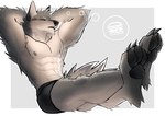 abs anthro barefoot biped black_clothing black_underwear bodily_fluids brown_body brown_fur burger claws clothed clothing drooling eyes_closed feet fluffy fluffy_tail food fur geometric_background hands_behind_head male male/male male_anthro muscular muscular_anthro muscular_male nipples pawpads paws pecs saliva simple_background sitting solo stretching_legs tail tan_body tan_fur thought_bubble toe_claws toes topless topless_anthro topless_male tuft underwear underwear_only kojiray canid canine canis mammal wolf absurd_res digital_media_(artwork) full-length_portrait hi_res portrait