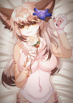 anthro big_breasts breasts female flower fur hair iris kemono long_hair lying pawpads pink_pawpads plant rose_(flower) solo tan_body white_body white_fur nico_starlight frocloud felid feline humanoid mammal absurd_res hi_res