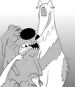 ball_fondling balls balls_only black_nose bodily_fluids duo eyebrows eyes_closed feral fondling forced fur genitals grey_body grey_fur hand_in_mouth humor male parody paws rape sex sweat tears teeth tongue toothy_grin whiskers white_body half_dime berserk_(series) fixed_(film) bull_(fixed) sterling_(fixed) borzoi canid canine canis domestic_dog hunting_dog mammal sighthound absurd_res hi_res meme