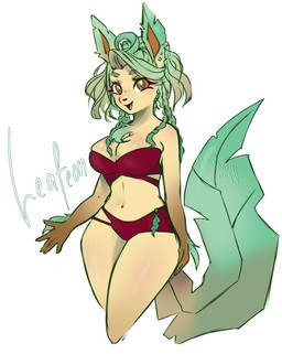 anthro biped braided_hair brown_eyes clothing eyelashes female fur green_hair green_tongue hair long_eyelashes long_tail multicolored_body multicolored_fur navel open_mouth solo swimwear tail thighs_together tongue yellow_body yellow_fur waqwaq nintendo pokemon eeveelution generation_4_pokemon leafeon pokemon_(species) hi_res